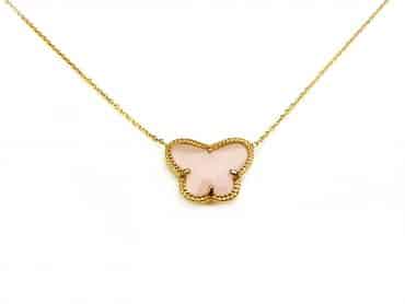 korte zilveren halsketting halssnoer collier geelgoud verguld Model Vlinder met roze steen