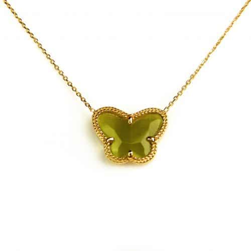 korte zilveren halsketting halssnoer collier geelgoud verguld Model Vlinder met kaki groene steen