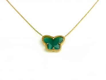 korte zilveren halsketting halssnoer collier geelgoud verguld Model Vlinder met donker groene steen
