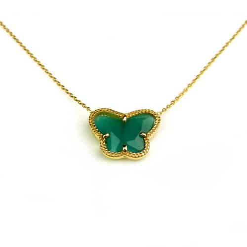 korte zilveren halsketting halssnoer collier geelgoud verguld Model Vlinder met donker groene steen