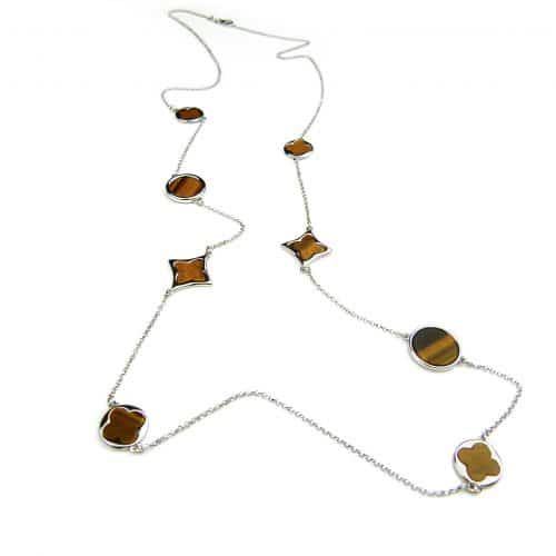 lange zilveren collier halsketting halssnoer gerhodineerd verguld Model Blossom met bruine stenen