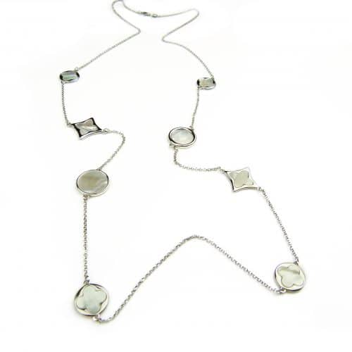 lange zilveren collier halsketting halssnoer gerhodineerd verguld Model Blossom met parelmoerkleurige stenen