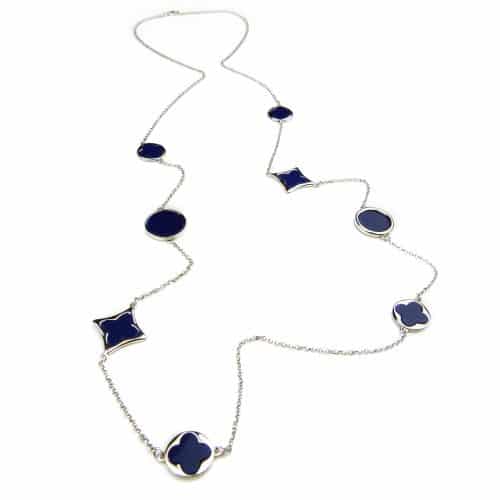 lange zilveren collier halsketting halssnoer gerhodineerd verguld Model Blossom met blauwe stenen