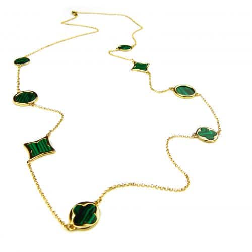 lange zilveren collier halsketting halssnoer geelgoud verguld Model Blossom met groene stenen