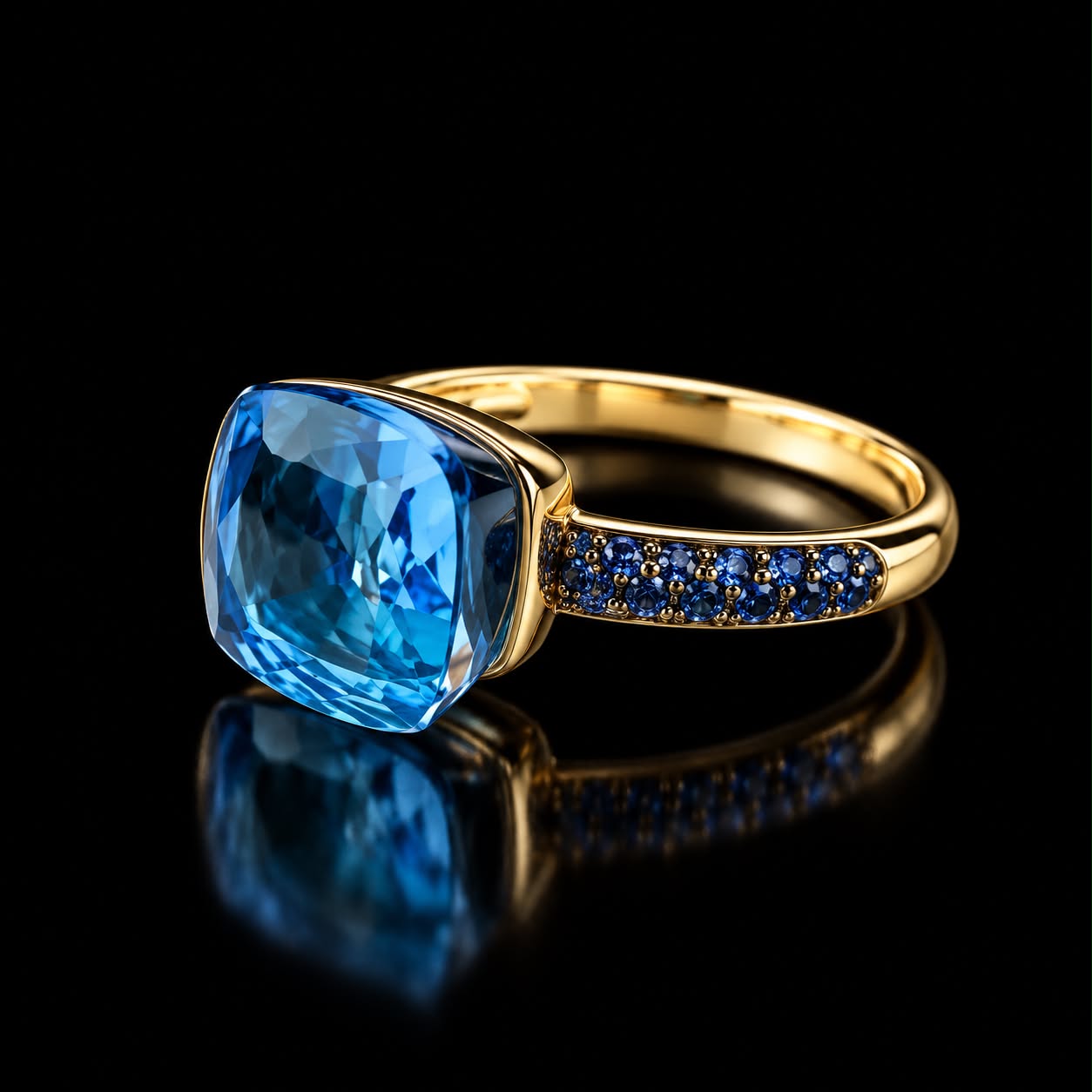 Ring in roos goud gezet met blauwe topaas en blauwe saffier