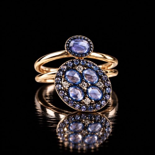 Ring in roos goud gezet met blauwe saffier en diamant