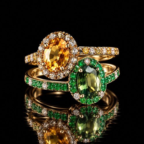 Ring in geel goud gezet met groene saffier, gele saffier en diamant