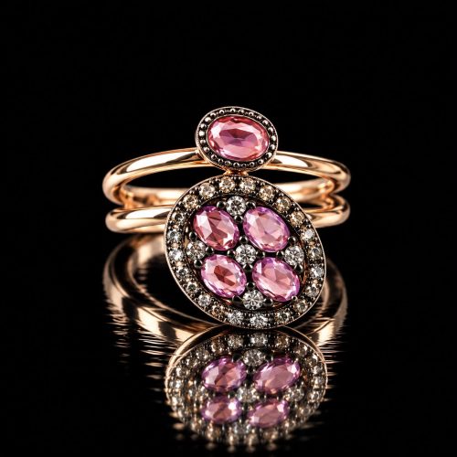 Ring in roos goud gezet met diamant, groene saffier, roze saffier en rode saffier