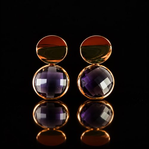 Oorringen model 1 Round in brons geelgoudkleurig met paarse steen