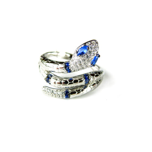 Ring in zilver model slang gezet met blauwe stenen en transparante cubic zirconia