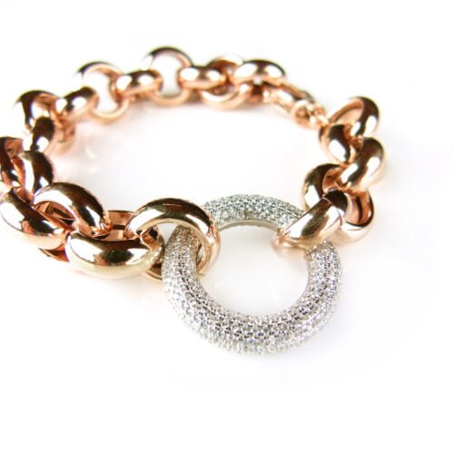 Armband in zilver roosgoud vergulde schakels en cubic zirconia