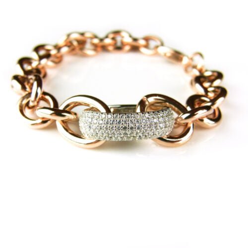 Armband in zilver roosgoud vergulde schakels en cubic zirconia