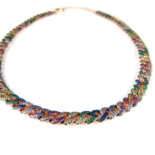 Zilveren gourmette halssnoer halsketting collier roos goud verguld gezet met multicolor cubic zirconia