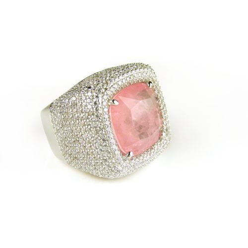 Brede zilveren ring met roze steen en cubic zirconia