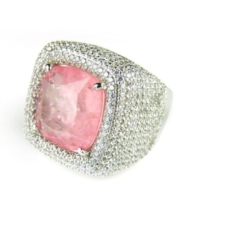 Brede zilveren ring met roze steen en cubic zirconia