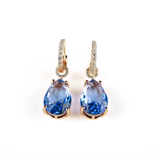 Zilveren oorringen oorbellen met blauwe druppelvormige steen en cubic zirconia