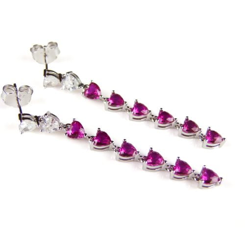 Lange zilveren oorringen oorbellen gezet met roze hartjes
