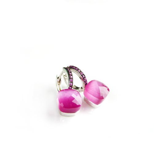 Zilveren oorringen oorbellen model pomellato gezet met fel roze steen