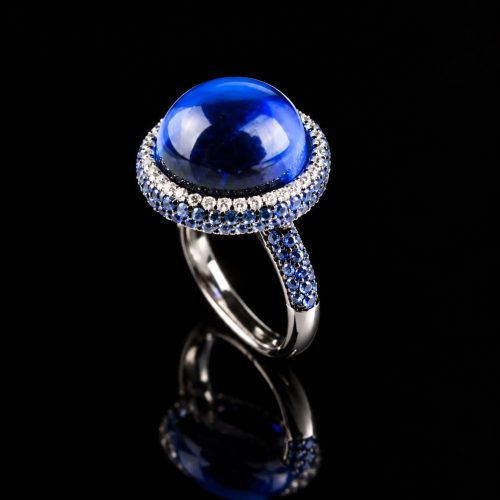 Zilveren ring blauwe stenen en cubic zirconia