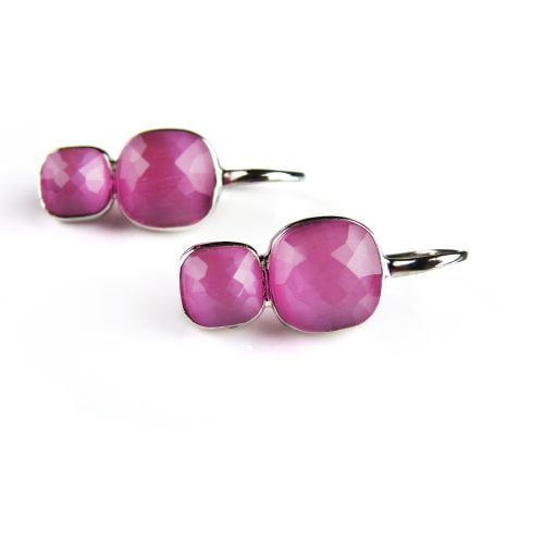 Zilveren oorringen oorbellen dubbele steen fushia roze