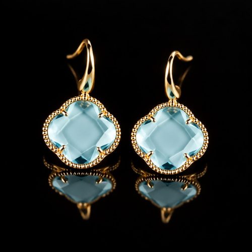 Zilveren oorringen oorbellen geelgoud verguld model Fiori klaver licht blauw