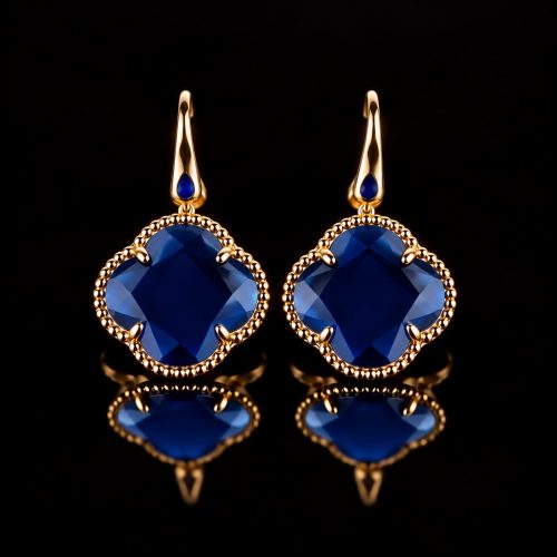 Zilveren oorringen oorbellen geelgoud verguld model Fiori klaver donker blauw
