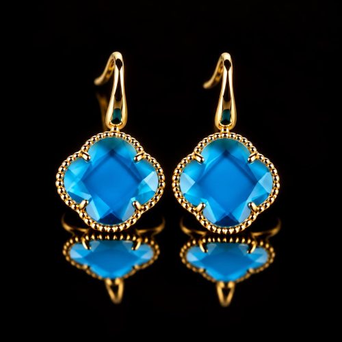 Zilveren oorringen oorbellen geelgoud verguld model Fiori klaver fel blauw