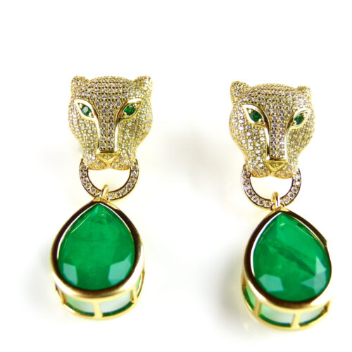 Zilveren oorringen geelgoud verguld panter met groene steen en cubic zirconia