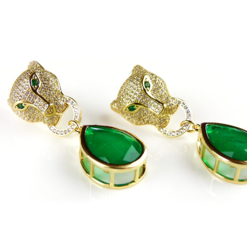 Zilveren oorringen geelgoud verguld panter met groene steen en cubic zirconia