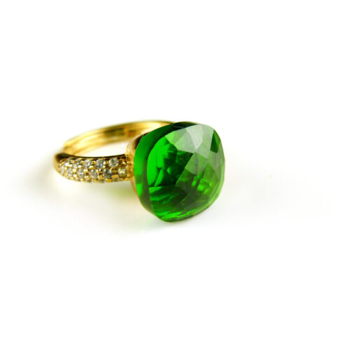 Ring in zilver geelgoud verguld model pomellato groot met groene steen en cubic zirconia