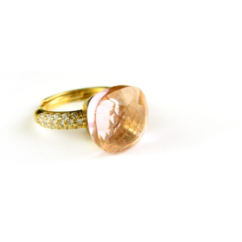 Ring in zilver geelgoud verguld model pomellato groot met roze steen en cubic zirconia