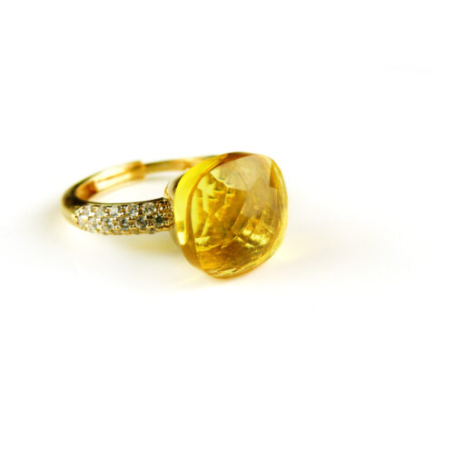 Ring in zilver geelgoud verguld model pomellato groot met gele steen en cubic zirconia