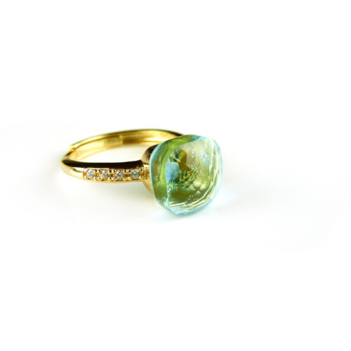 Zilveren ring geelgoud verguld model pomellato licht blauwe steen en cubic zirconia