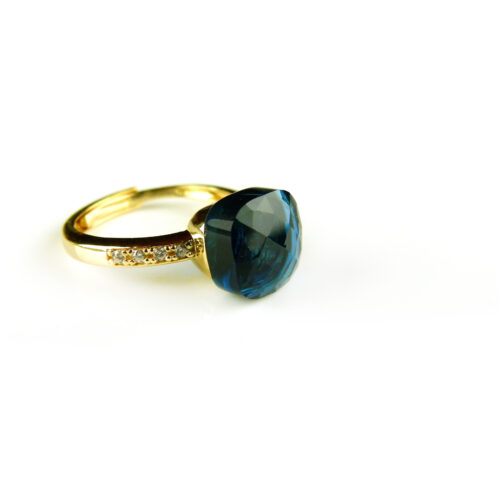 Zilveren ring geelgoud verguld model pomellato blauwe steen en cubic zirconia