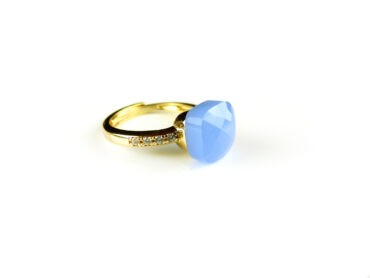 Zilveren ring geelgoud verguld model pomellato blauwe steen en cubic zirconia