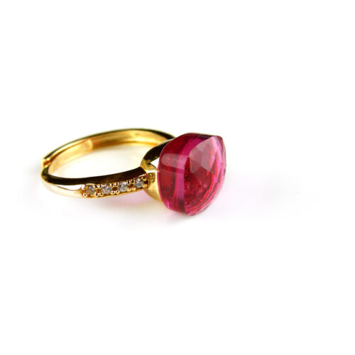 Zilveren ring geelgoud verguld model pomellato rode steen en cubic zirconia