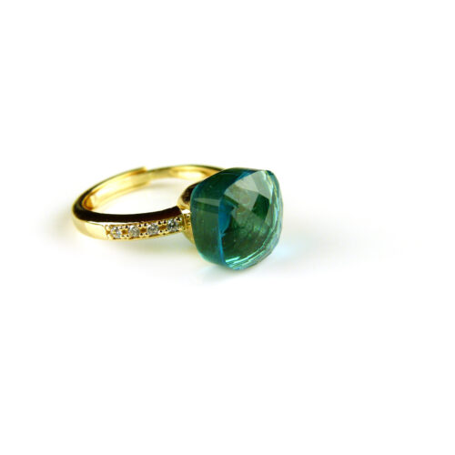 Zilveren ring geelgoud verguld model pomellato blauwe steen en cubic zirconia