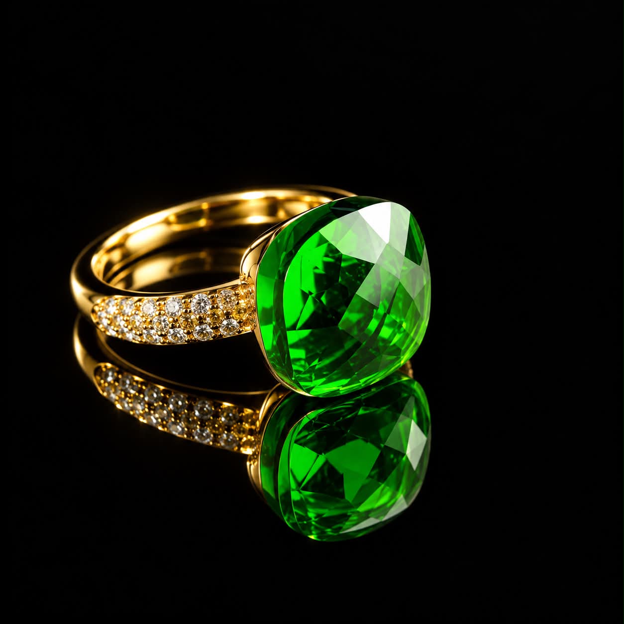 Ring in zilver geelgoud verguld model pomellato groot met groene steen en cubic zirconia