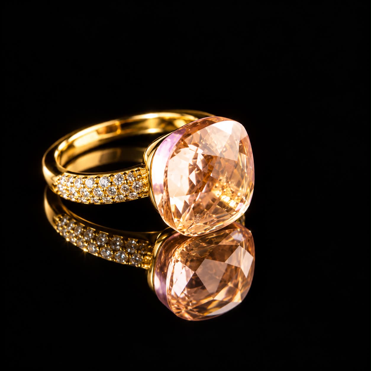 Ring in zilver geelgoud verguld model pomellato groot met roze steen en cubic zirconia