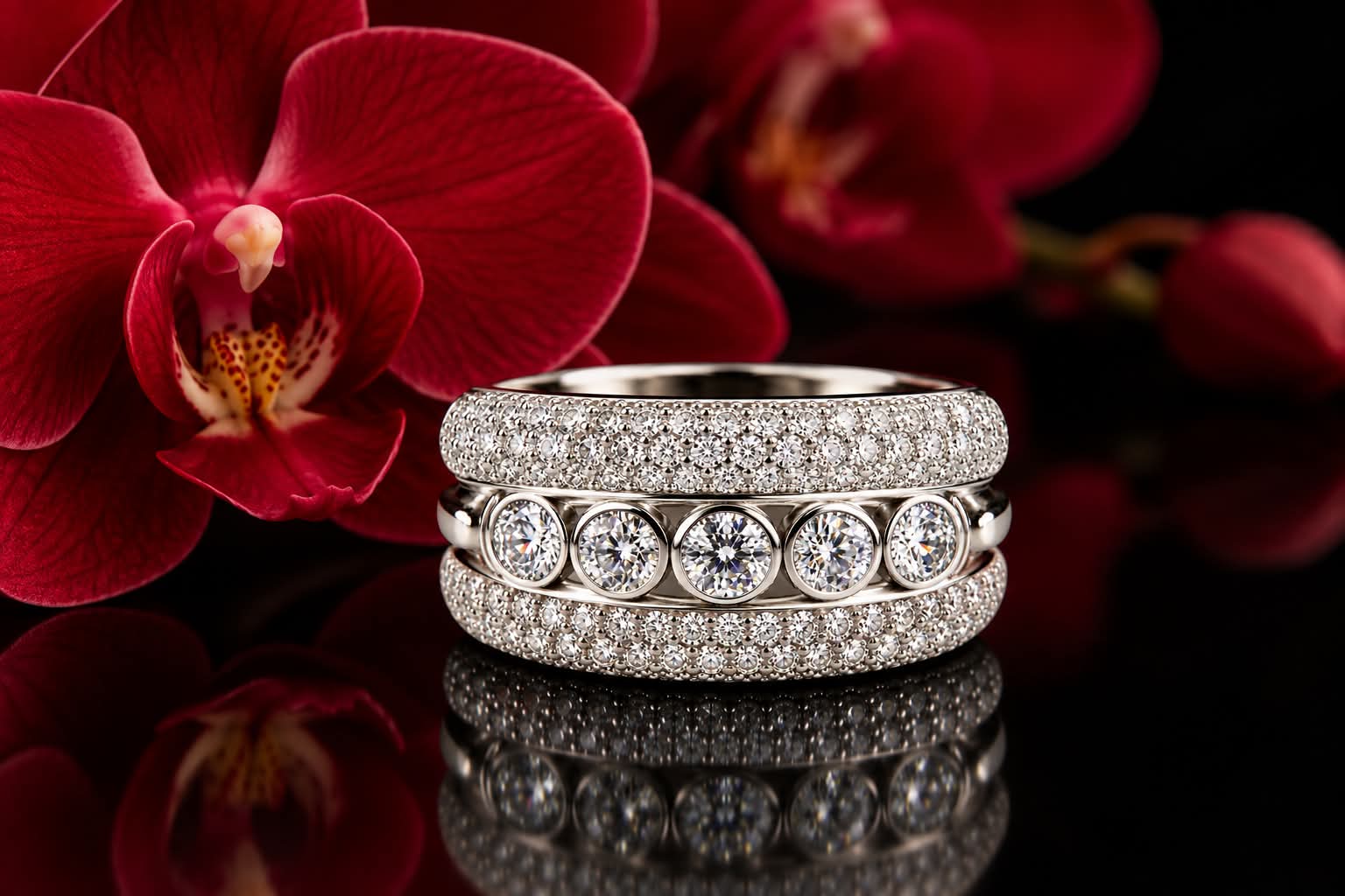 brede ring in wit goud gezet met diamant