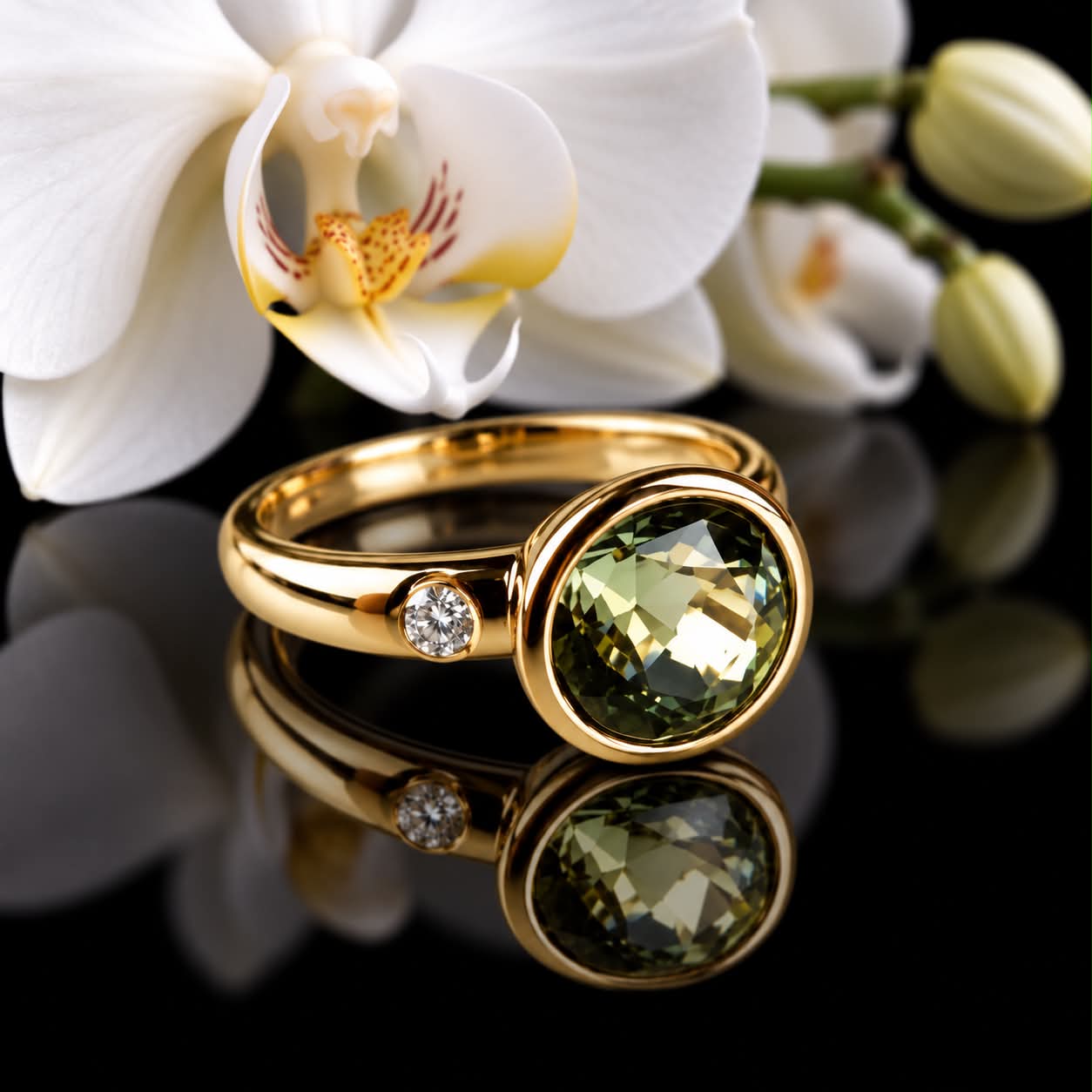 ring in roos goud gezet met groene toermalijn en diamant