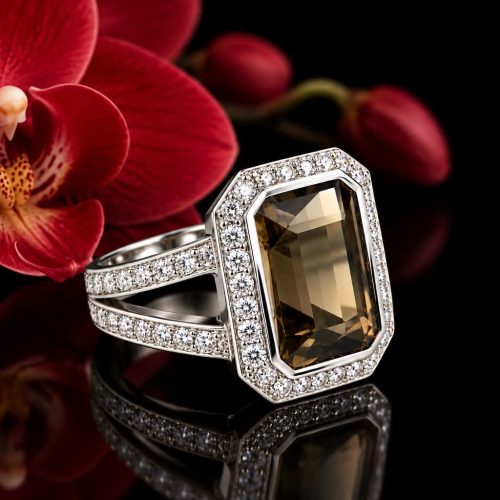 ring in wit goud gezet met rookkwarts en diamant