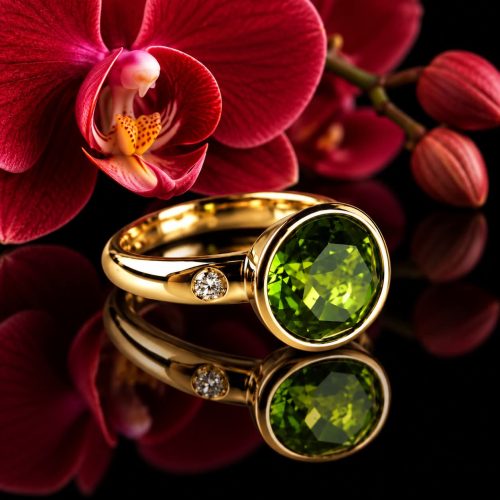 ring in geelgoud gezet met peridoot en diamant