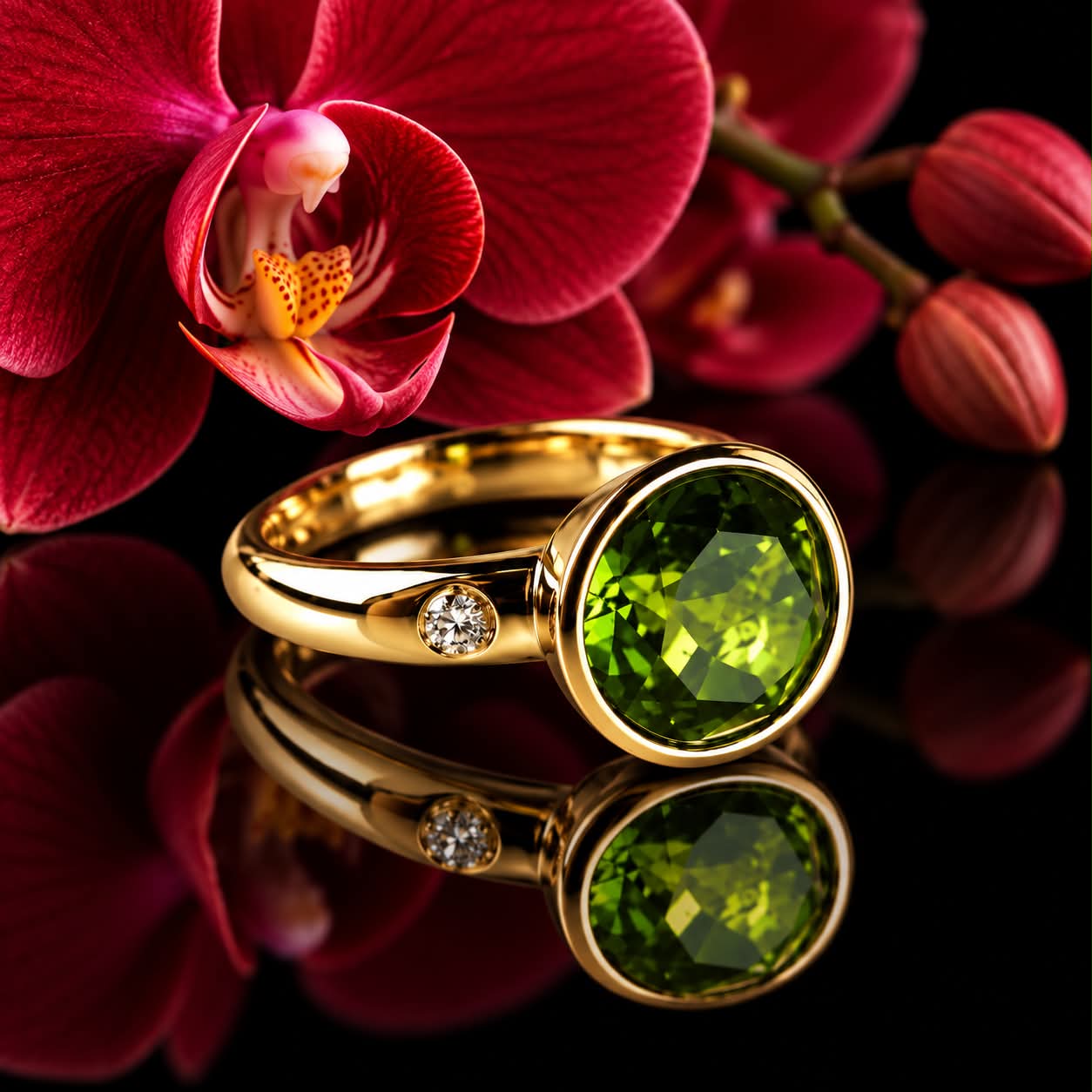ring in geelgoud gezet met peridoot en diamant