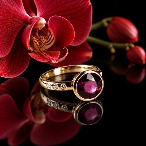 ring in roos goud gezet met roze toermalijn en diamant