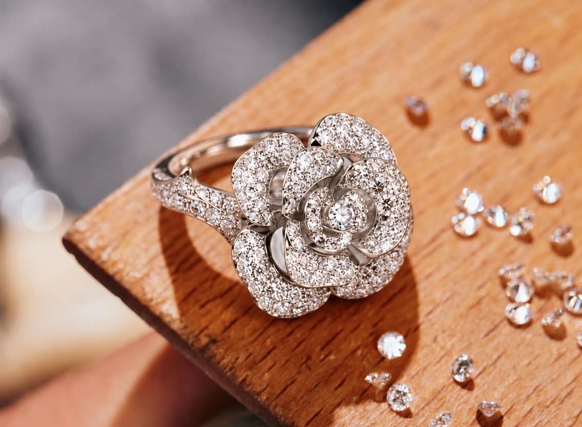 Ring in wit goud bloemvorm gezet met diamant