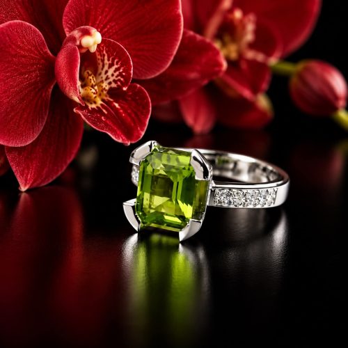 ring in wit goud gezet met peridoot en diamant