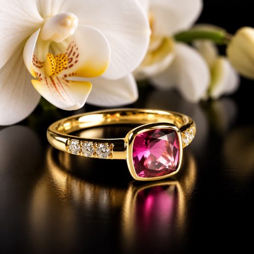 ring in roos goud gezet met roze toermalijn en diamant