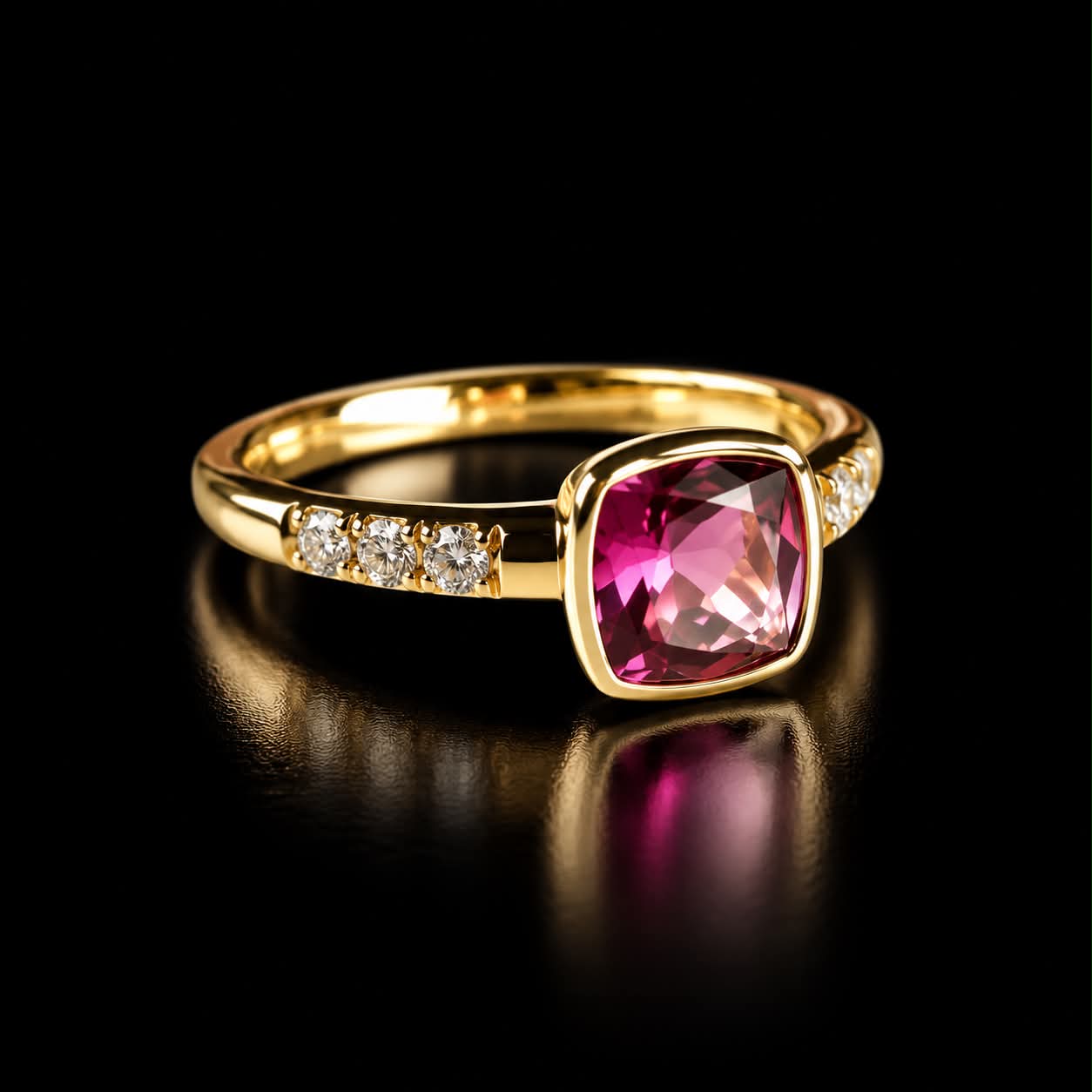ring in roos goud gezet met roze toermalijn en diamant