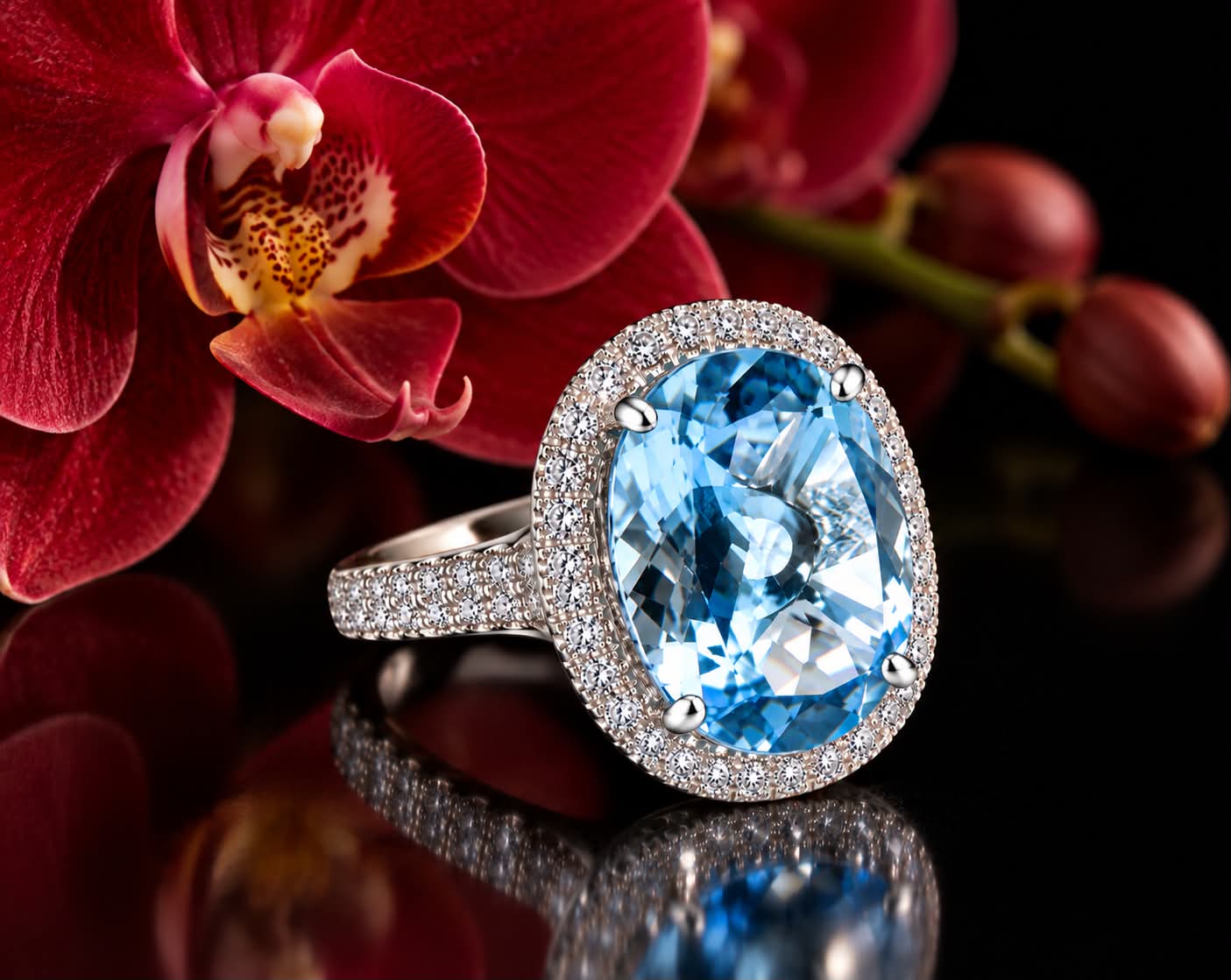 grote ring in wit goud gezet met blauwe topaas en diamant